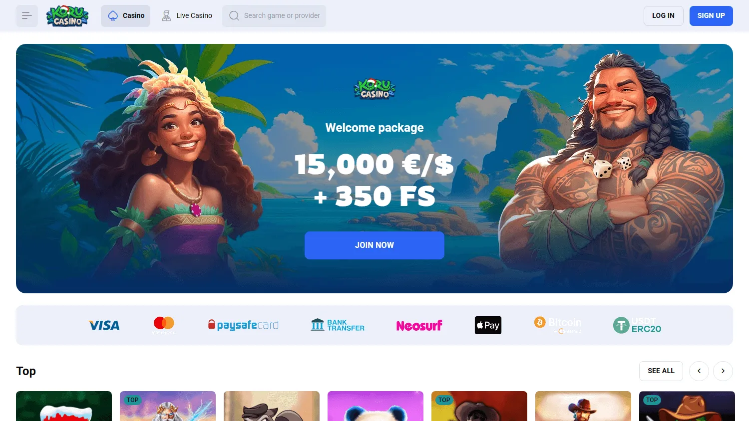 Koru Casino home screen on desktop