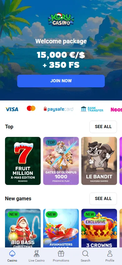 Koru Casino home screen on mobile